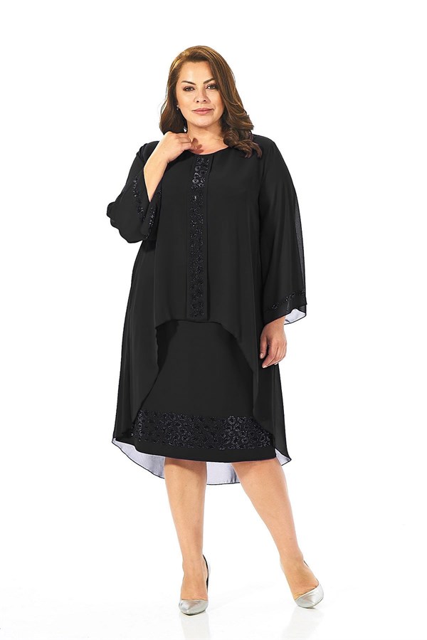 Büyük Beden Siyah Renkli Taş İşlemeli Şifon Elbise