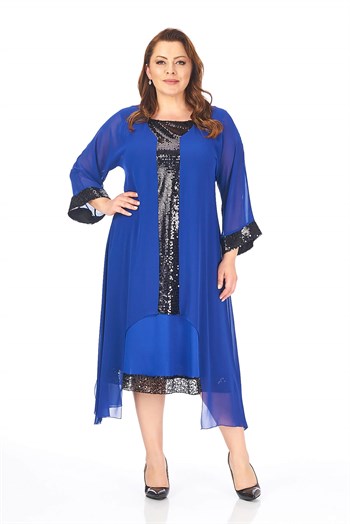 Büyük Beden Saks Mavisi Renkli Payetli ŞifonBüyük Beden Elbise