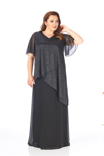 Büyük Beden Siyah Renkli Gümüş Simli Asimetrik Şifon Elbise