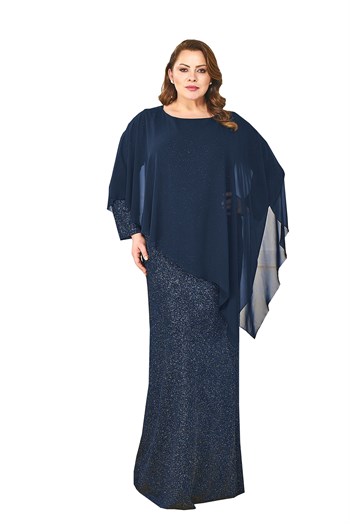 Büyük Beden Lacivert Renkli Pelerinli Abiye Şifon Elbise