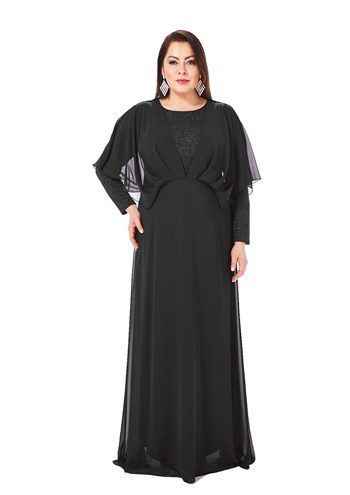 Büyük Beden Siyah Renkli Likralı Simli Abiye Elbise