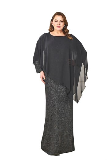 Büyük Beden Siyah Renkli Pelerinli Abiye Şifon Elbise