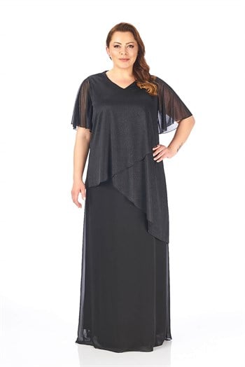 Büyük Beden Siyah Renkli Simli Asimetrik Şifon Elbise