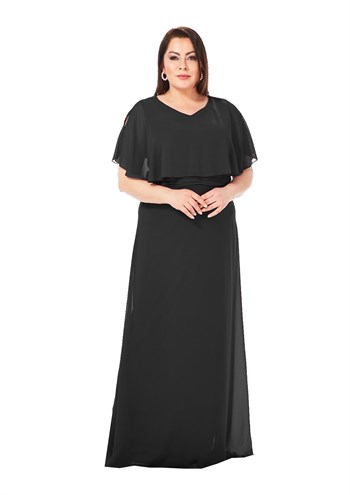 Büyük Beden Siyah  Renkli Uzun Şifon Elbise