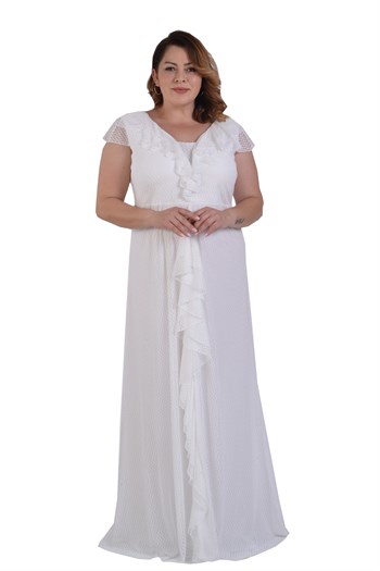 Büyük Beden Beyaz Renkli Petek Tül Fırfırlı Elbise