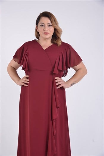 Büyük Beden Bordo Renkli Kruvaze Yaka Şifon Elbise