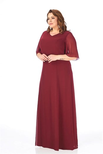 Büyük Beden Bordo Renkli Uzun Şifon Elbise