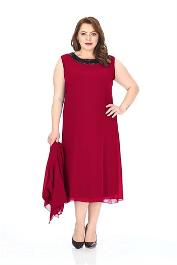 Büyük Beden Fes Kırmızı Renkli İçli Dışlı Şifon Elbise