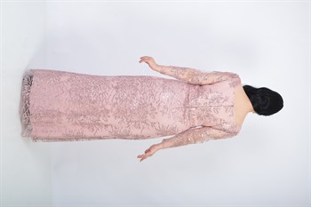 Büyük Beden Griter Baskı Pudra Renkli Uzun Abiye Elbise