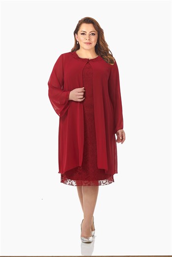 Büyük Beden Kırmızı Renkli Dantelli Dantelli Şifon Ceketli Elbise