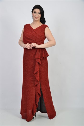 Büyük Beden Kırmızı Renkli Kruvaze Yaka Fırfırlı Likralı Simli Abiye Elbise