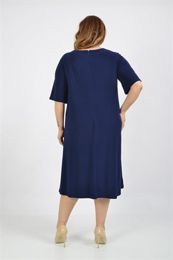 Büyük Beden Lacivert Renkli Kısa Kollu Likralı V Yaka Elbise