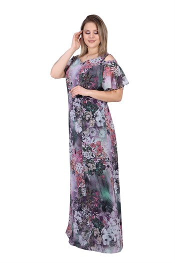 Büyük Beden Lila Renkli Desenli Uzun Şifon Elbise