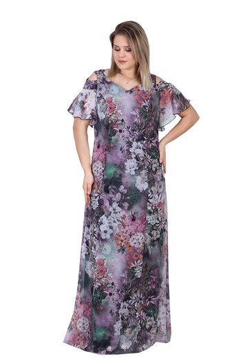 Büyük Beden Lila Renkli Desenli Uzun Şifon Elbise