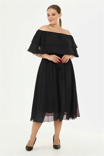 Büyük Beden Omuz Detaylı Siyah Renkli Şifon Elbise