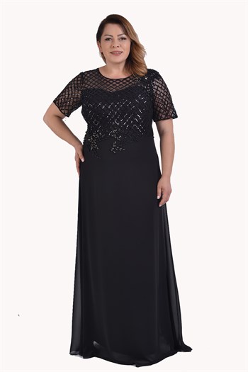 Büyük Beden Pul Payetli Baklava Desen Siyah Renkli Şifon Elbise 