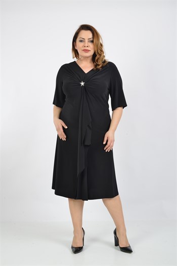 Büyük Beden Siyah Renkli Kısa Kollu Likralı V Yaka Elbise