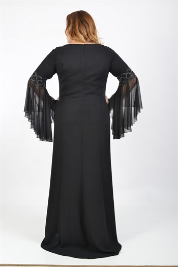 Büyük Beden Siyah Renkli Krep Uzun Abiye Elbise