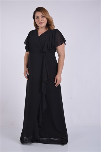 Büyük Beden Siyah Renkli Kruvaze Yaka Şifon Elbise