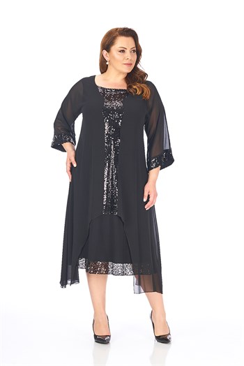 Büyük Beden Siyah Renkli Payetli ŞifonBüyük Beden Elbise
