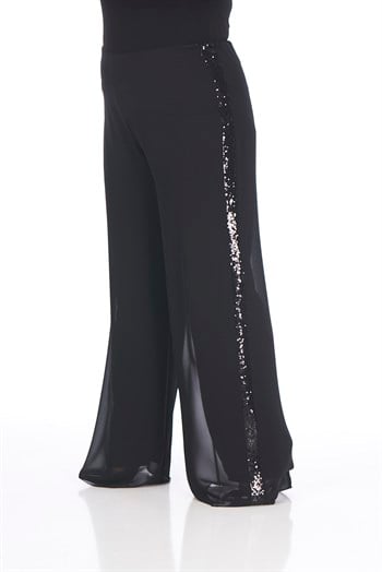 Büyük Beden Siyah Renkli Payetli Şifon Pantolon