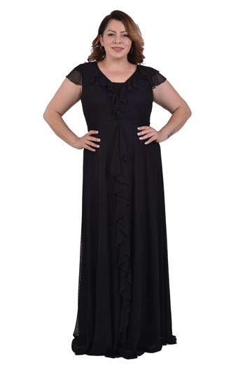 Büyük Beden Siyah Renkli Petek Tül Fırfırlı Elbise