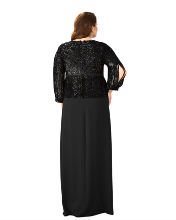 Büyük Beden Siyah Renkli Pul Payetli Krep Uzun Abiye Elbise