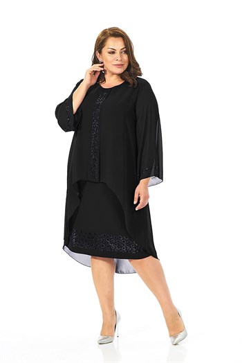 Büyük Beden Siyah Renkli Taş İşlemeli Şifon Elbise