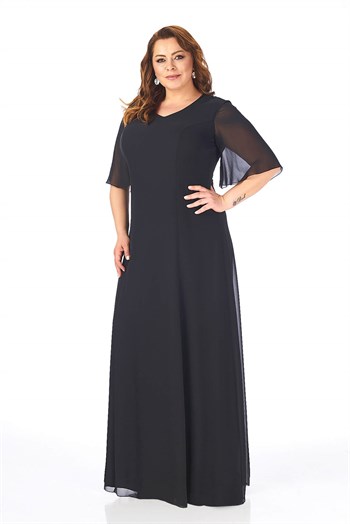 Büyük Beden Siyah Renkli Uzun Şifon Elbise