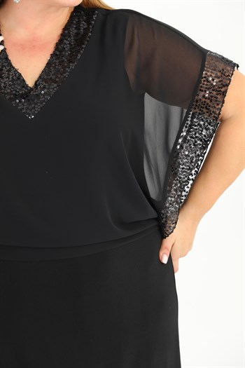 Büyük Beden Siyah Renkli V Yaka Şifon Elbise