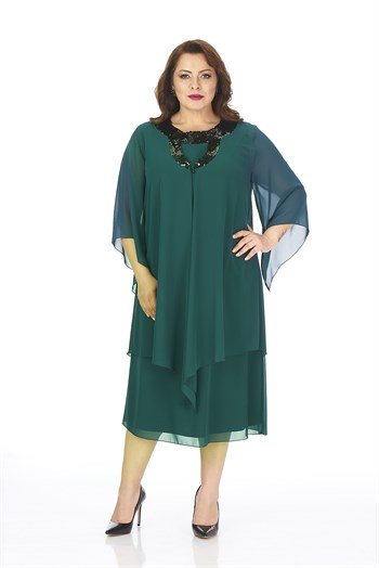 Büyük Beden Yeşil Renkli İçli Dışlı Şifon Elbise