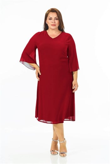 Büyük Beden Koyu Kırmızı Renkli Şifon Elbise