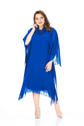 Büyük Beden Saks Mavisi Renkli Degaje Yaka Şifon Elbise